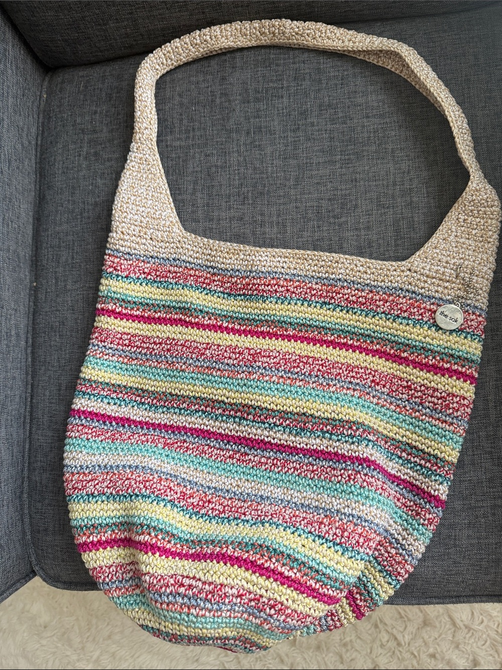 The Sak Multicolor Stripe Crochet Shoulder Bag with Cream Trim